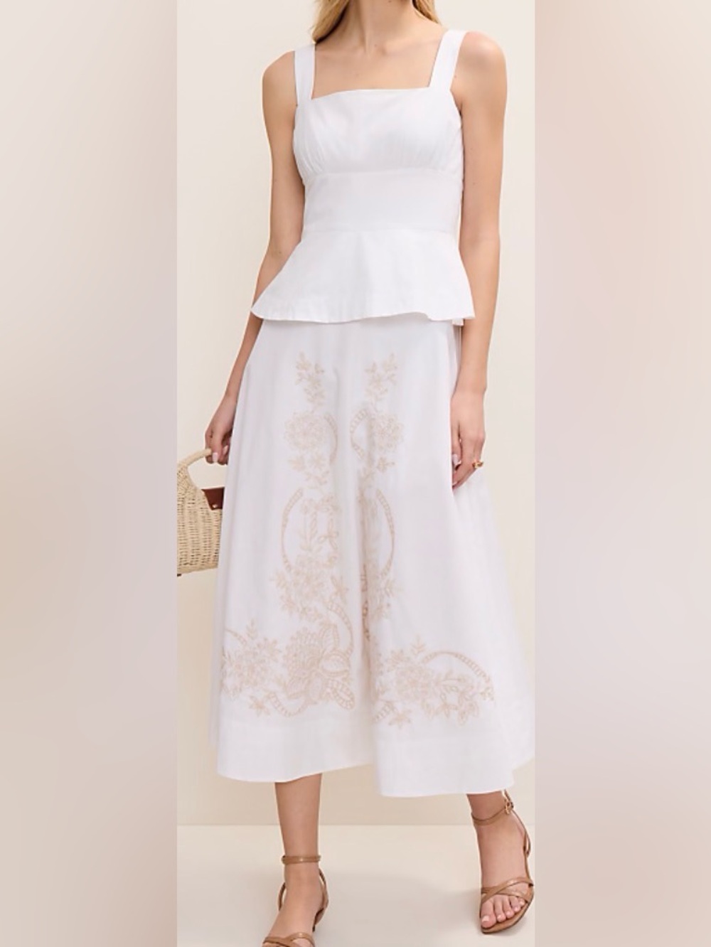 Ann Taylor White midi dress with Beige Embroidery
